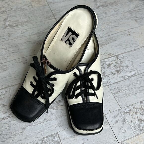 Vintage 90’s Magma Pale Green Black Saddle Mules 3.5” Heel Size 6m - Picture 2 of 11